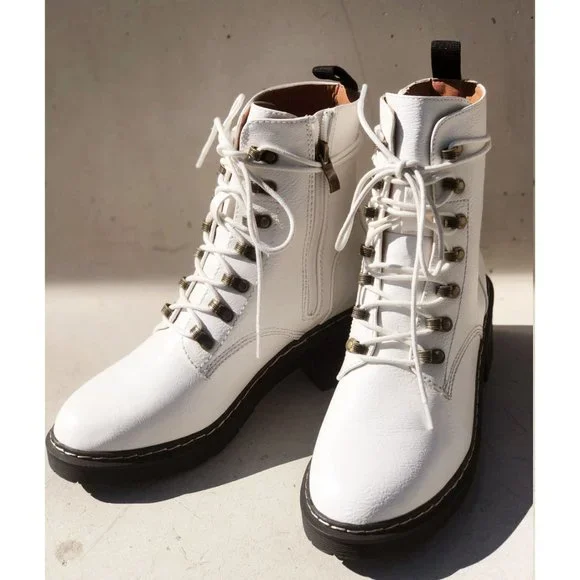NEW White Faux Vegan Leather Laced Up Lug Sole Platform Ankle Combat Boots Shoes - Picture 4 of 12